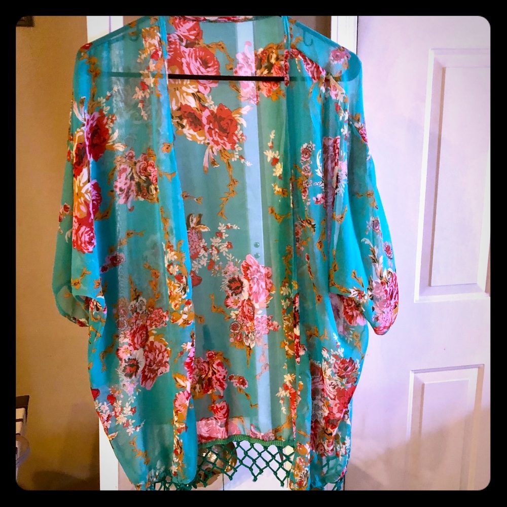 Teal 3/4 sleeve Floral Kimono